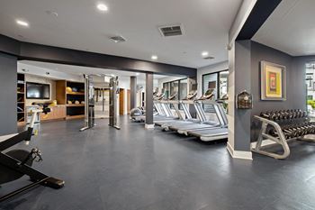 24 Hr fully-equipped fitness studio featuring peloton, fitness on-demand, and h2o station